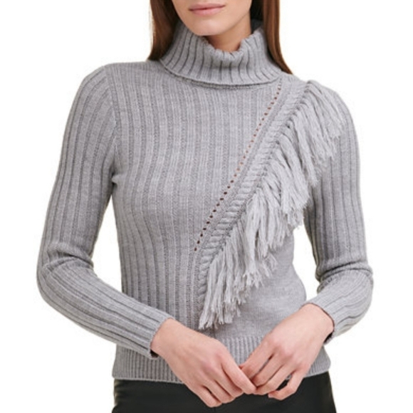 NEW Woman's DKNY Ribbed Fringe Turtleneck Sweater - Picture 1 of 16